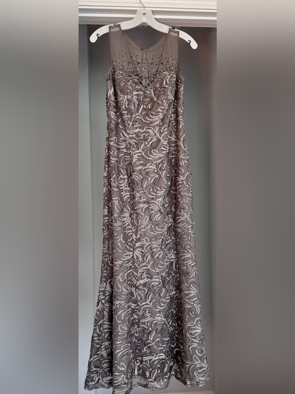 Embellished Taupe Maxi Dress with Floral Lace Overlay